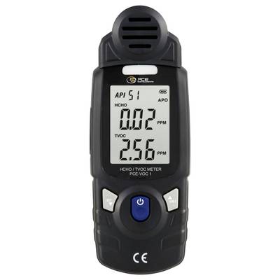 Tragbares PCE VOC 1 Luftqualitätsmessgerät zeigt HCHO 0,02 ppm und TVOC 256 ppm auf seinem digitalen Display an.