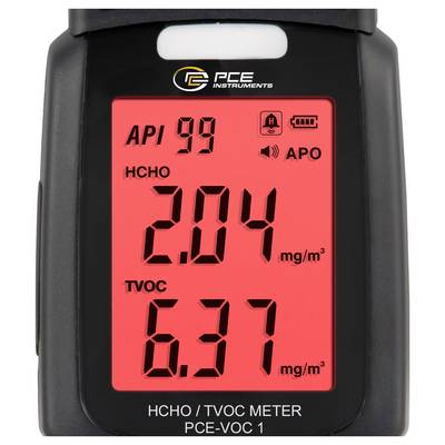 Tragbares PCE VOC 1 Messgerät mit Display zeigt HCHO 2,04 mg/m³, TVOC 6,37 mg/m³, API 99 und APO-Anzeige.