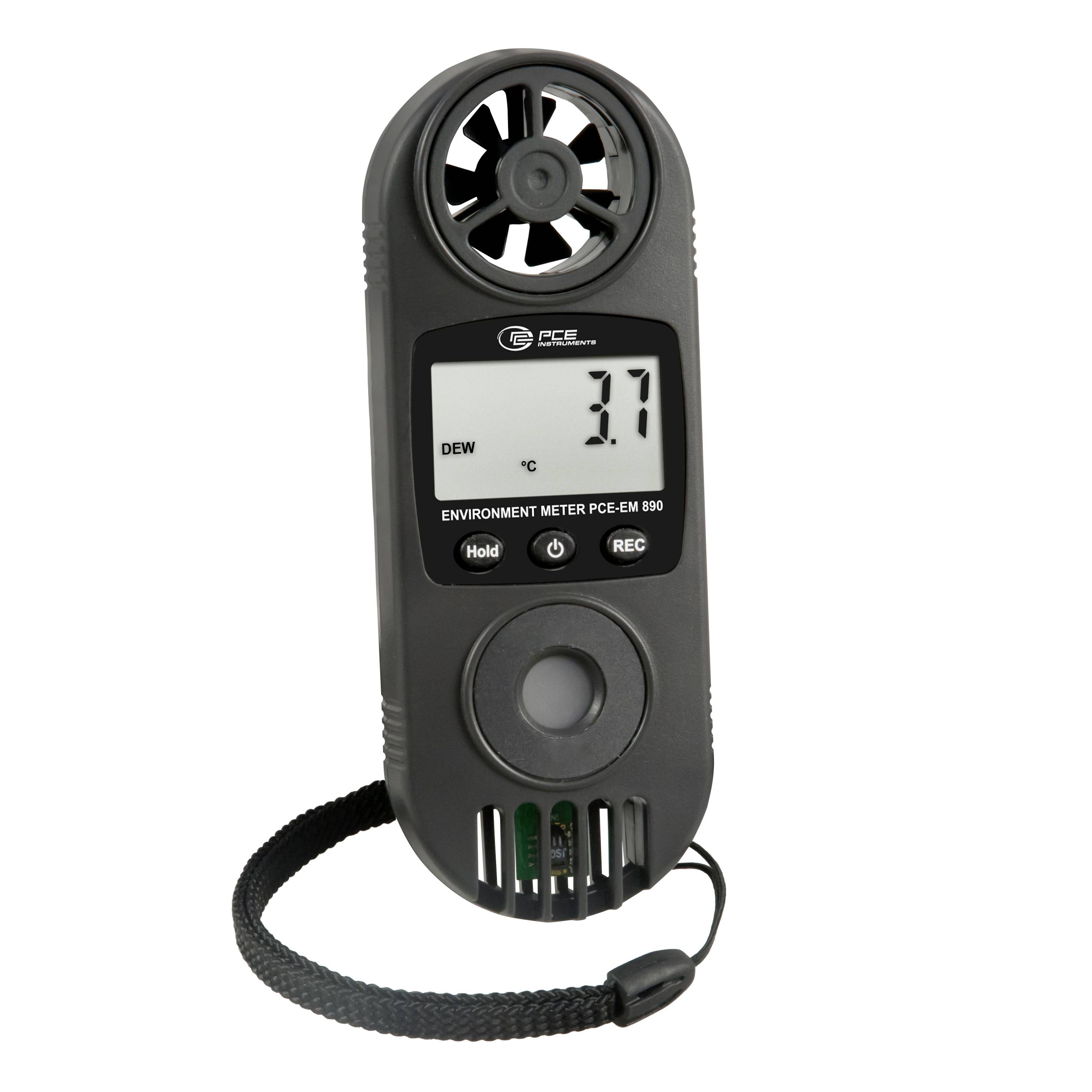 Tragbares PCE-Umgebungsmessgerät mit Gebläsesensor, digitales Display zeigt Taupunkt 3,7°C und Handgelenkband auf weißem Hintergrund.