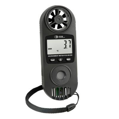 Tragbares PCE-Umgebungsmessgerät mit Gebläsesensor, digitales Display zeigt Taupunkt 3,7°C und Handgelenkband auf weißem Hintergrund.