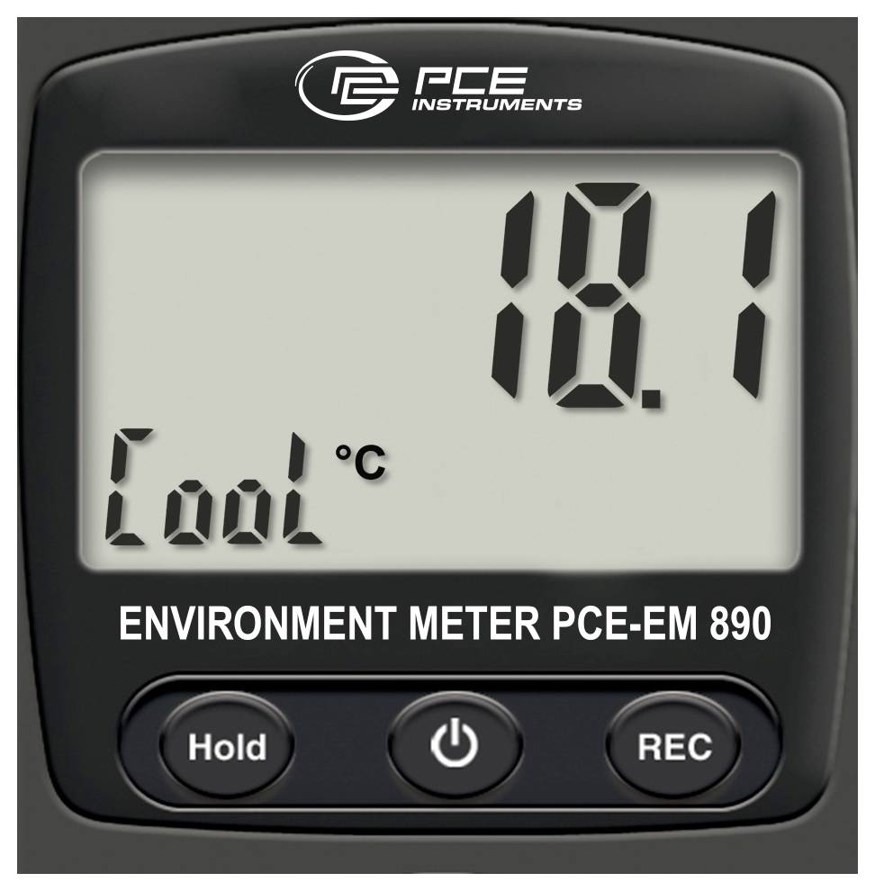 Digitale Umgebungsmessgerät-Anzeige zeigt 18,1°C und "Cool" an, mit Hold-, Power- und REC-Tasten auf einem PCE Instruments PCE-EM 890-Gerät.