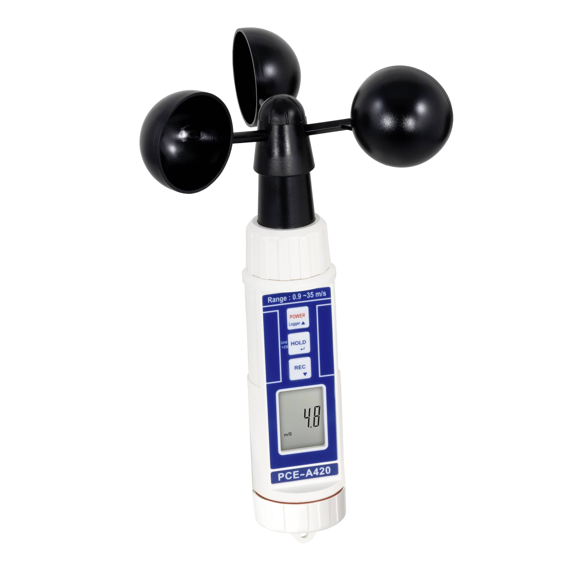 Tragbares digitales Anemometer mit dreiflügeliger Windmessanlage und Anzeige von 4,8 mph.