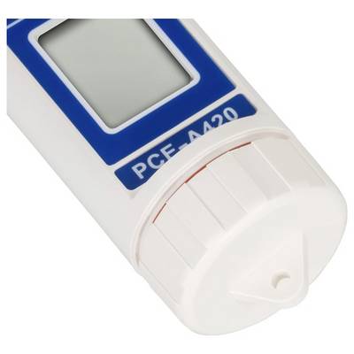 Nahaufnahme eines tragbaren digitalen Geräts mit leerem LCD-Bildschirm, blauer Einfassung und weißem Drehsensorkopf mit der Bezeichnung „PCE-4A20".