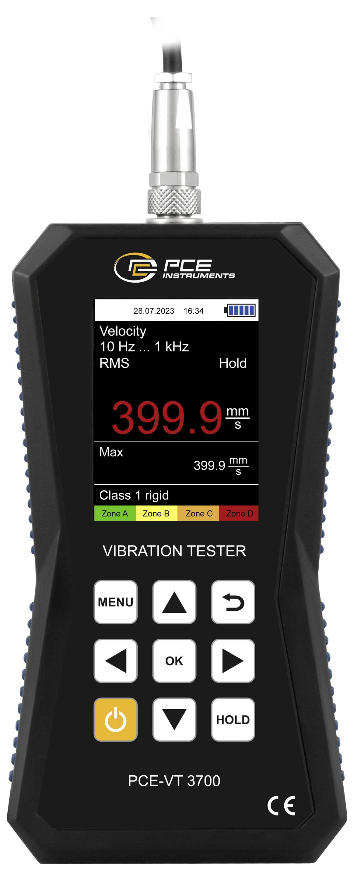 Tragbares PCE-Vibrationsmessgerät zeigt eine Echtzeitmessung von 399,9 mm/s an, mit Geschwindigkeitseinstellungen und Menü-/Navigationstasten auf dem Display.
