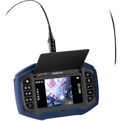 Ein Endoskop mit Monitor zeigt ein Innenbild aus einem Gerät. Das Endoskop hat Steuerknöpfe, ein flexibles Kabel und ist für Inspektionen geeignet.