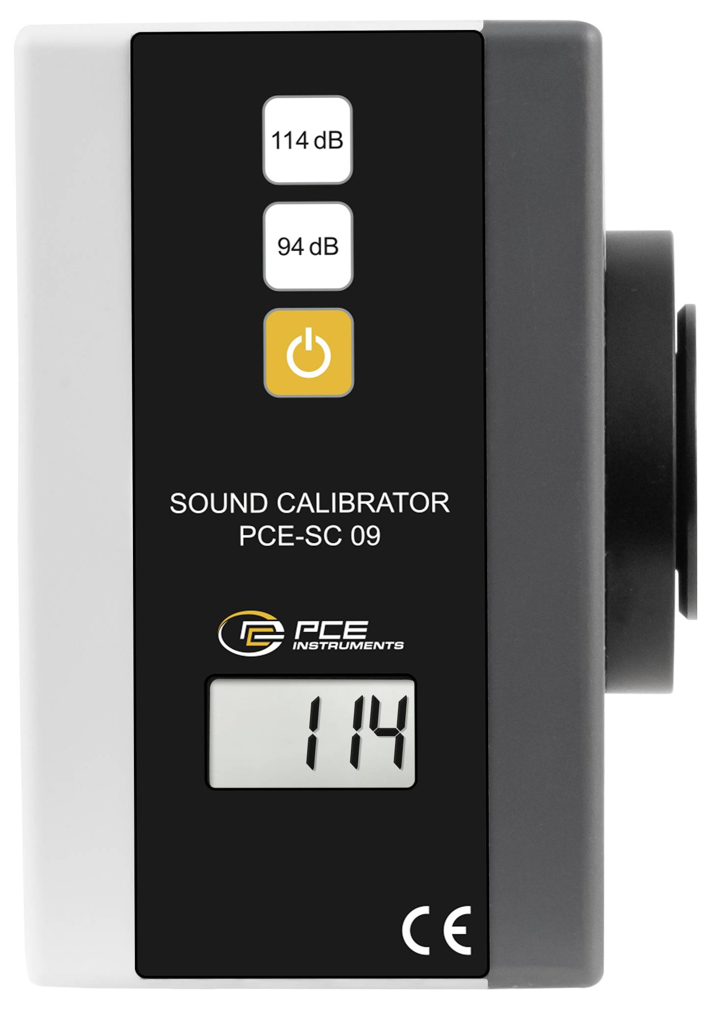 Vorderansicht eines Schallkalibrators mit der Bezeichnung „PCE-SC 09" mit Tasten für 114 dB und 94 dB sowie einem digitalen Display, das 114 anzeigt.