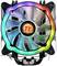 PC-Lüfter von Thermaltake mit durchsichtigen Flügeln und RGB-Beleuchtung in Regenbogenfarben, geeignet für Computer-Kühlung.