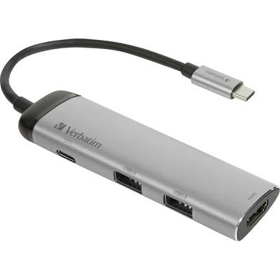 USB-C-Hub von Verbatim mit mehreren Anschlüssen, darunter USB 3.0 und HDMI, an einem kurzen Kabel befestigt.