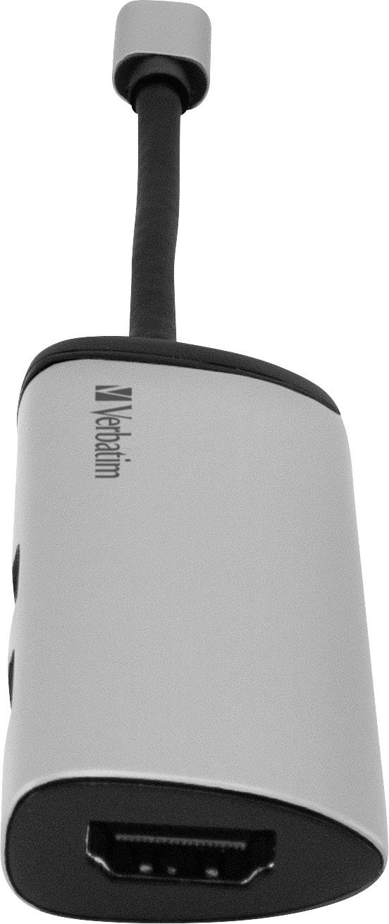 Ein silberner Verbatim HDMI-Adapter mit kurzem Kabel, geeignet zum Verbinden von Geräten über HDMI-Schnittstelle.