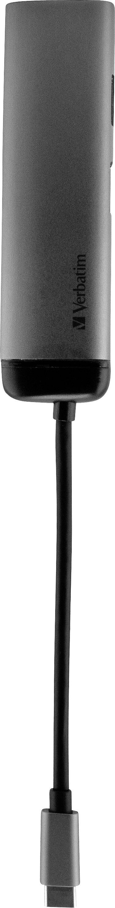 Kompakter Adapter mit mehreren Anschlüssen und kurzem Kabel, geeignet für USB-C-Geräte; ermöglicht erweiterte Konnektivität.