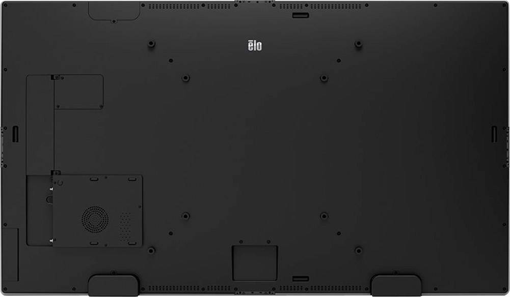 Rückseite eines großen, schwarzen Monitors mit Montagepunkten und Lüftungsschlitzen, geeignet für professionelle Display-Anwendungen.