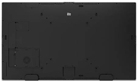 Das Bild zeigt die Rückseite eines großen, schwarzen Flachbildfernsehers mit mehreren Befestigungspunkten und Anschlüssen.