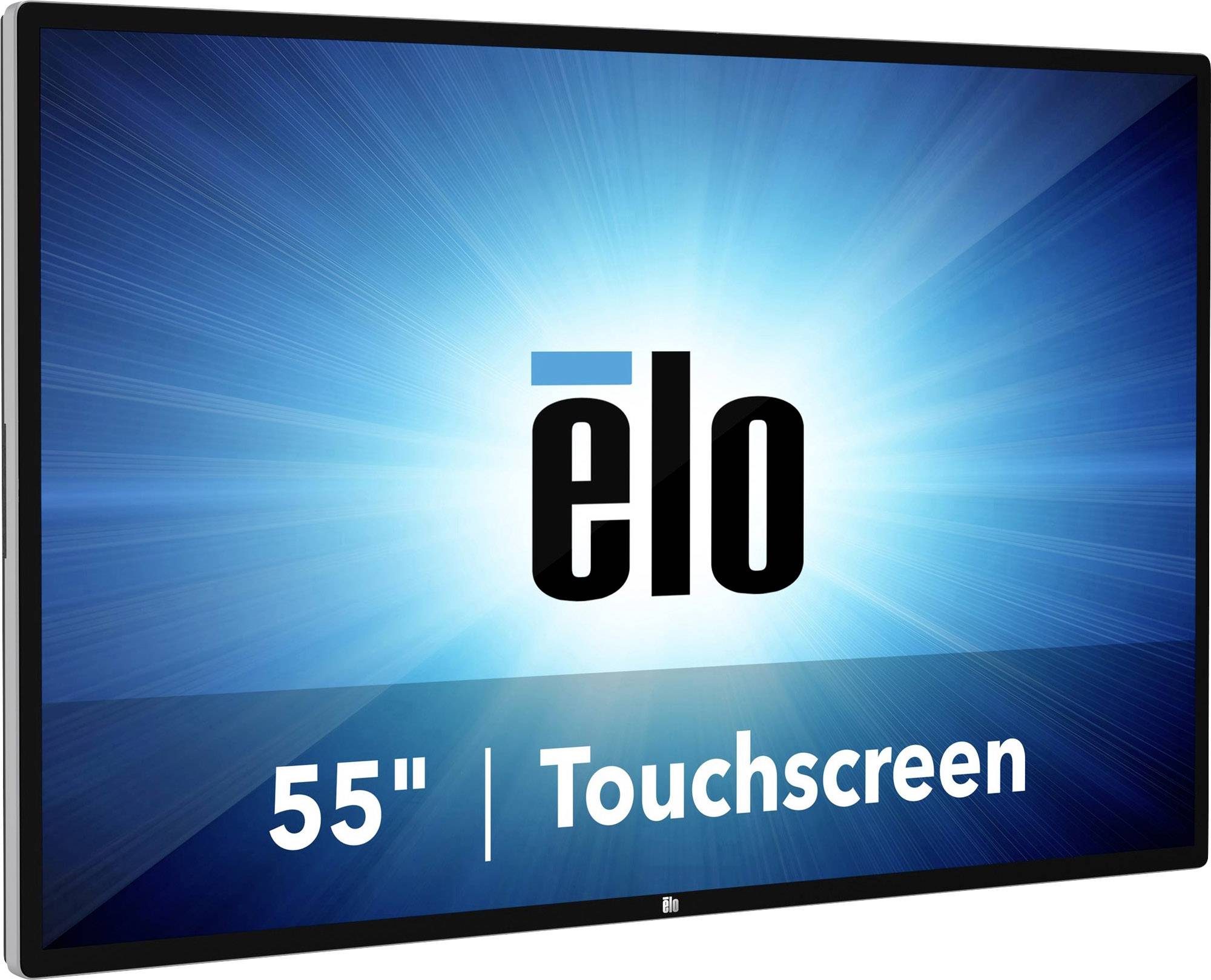 'elo 55 Zoll Touchscreen-Display, hellblauer Hintergrund mit Lichtstrahlen. Bildschirm eignet sich für interaktive Präsentationen.'