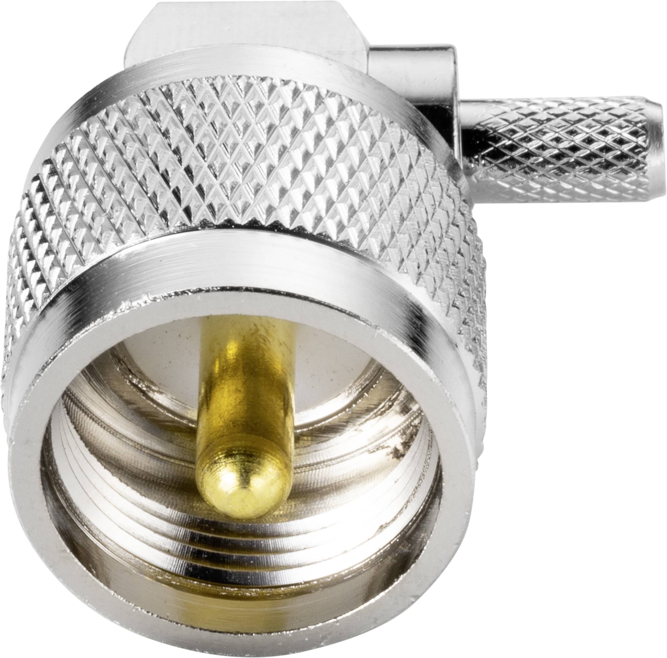Ein silberner Koaxialadapter mit einer goldenen Mittelleitung und gerändelter Außenseite für besseren Halt.