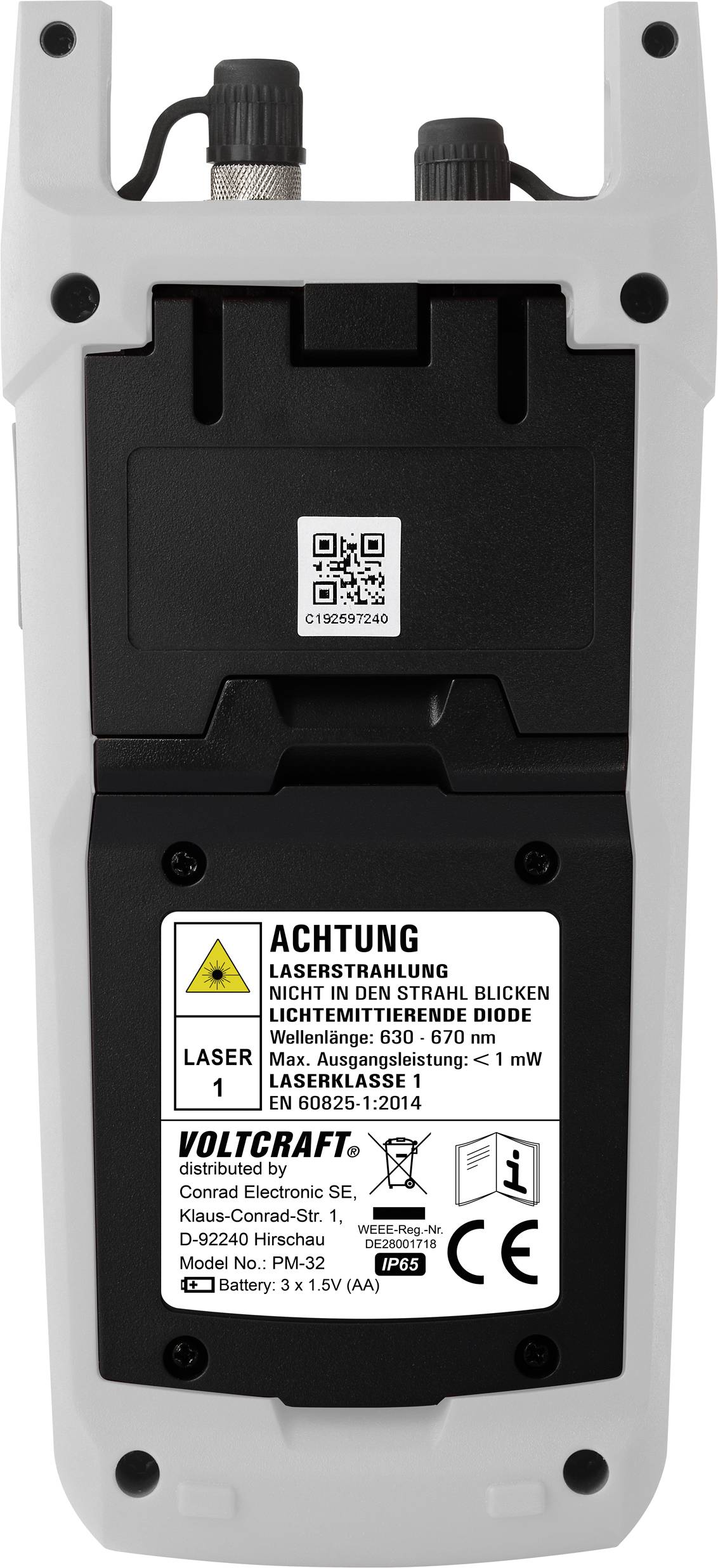 Lasergerät Rückansicht mit Warnhinweis: 'Achtung Laserstrahlung. Nicht in den Strahl blicken. Laserklasse 1, EN 60825-1:2014.'