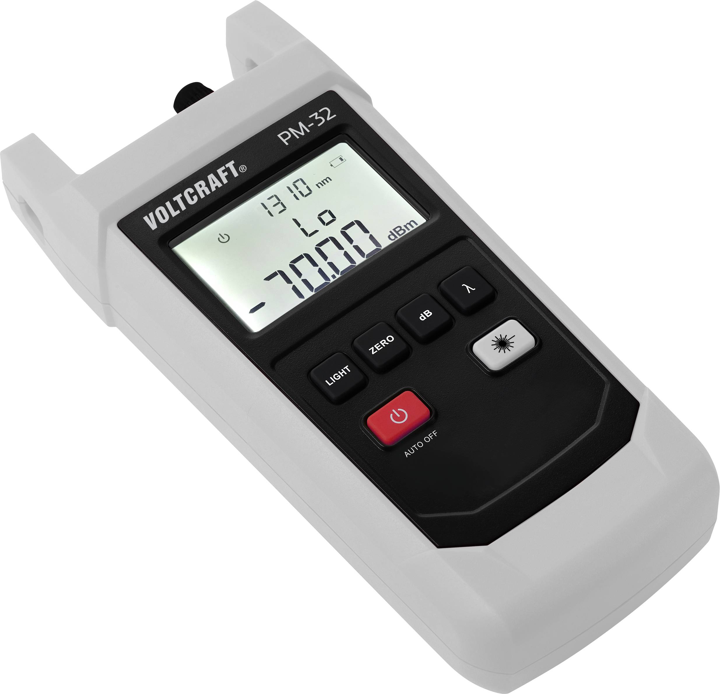 Ein digitales optisches Leistungsmessgerät mit der Bezeichnung 'VOLCRAFT PM-32', zeigt '-70.00 dBm' auf einem beleuchteten Display an.