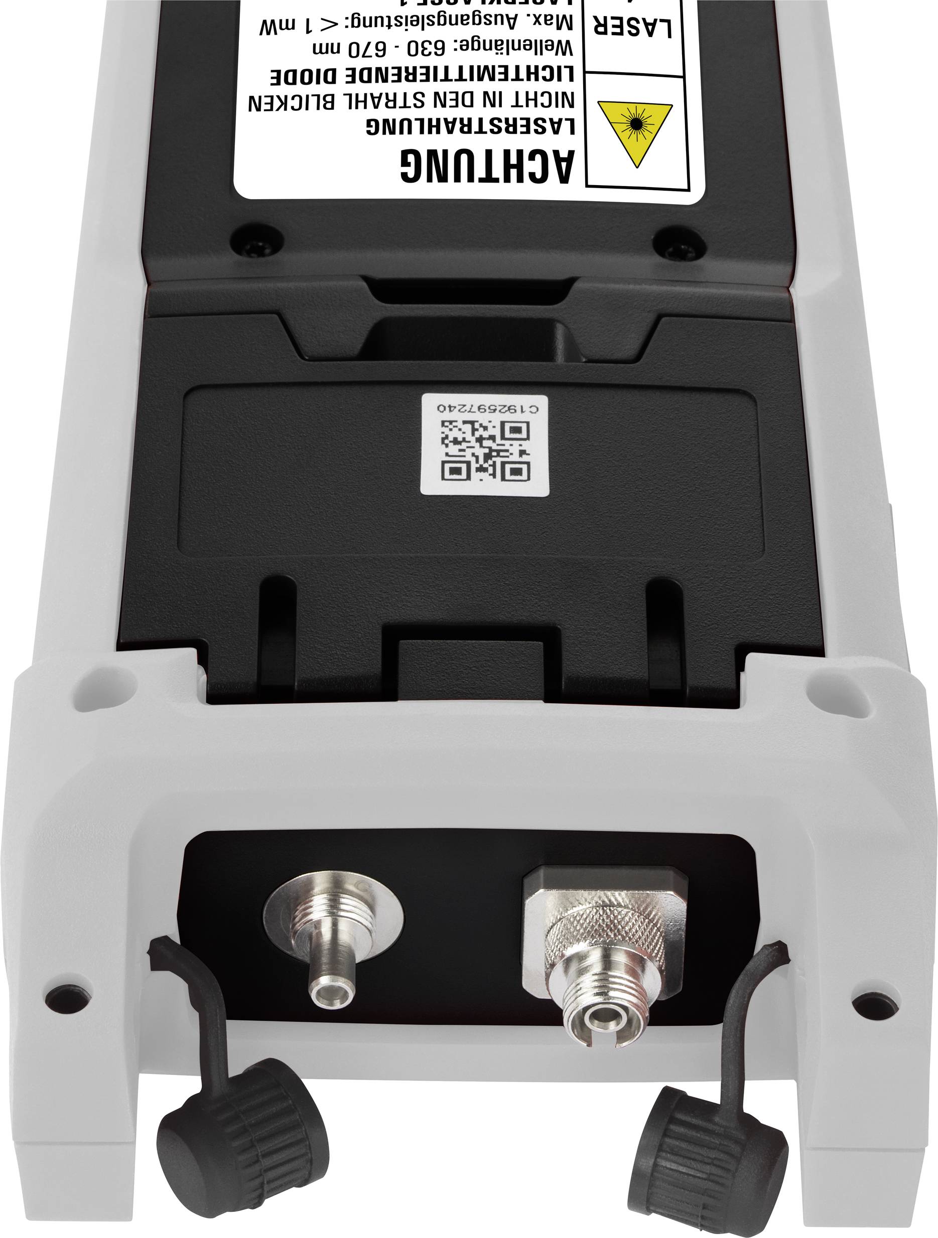 'Gehäuse eines Lasermessgeräts mit Anschlüssen und Warnhinweisen bezüglich Laserstrahlung. Oben befindet sich ein gelbes Warnsymbol.'