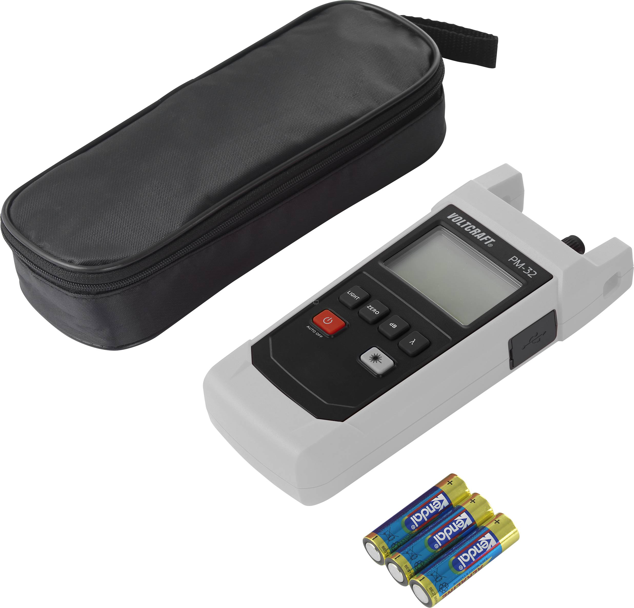Ein digitales Messgerät mit Display, drei Tasten und zwei Anschlüssen liegt neben einer schwarzen Tasche und drei mitgelieferten Batterien.