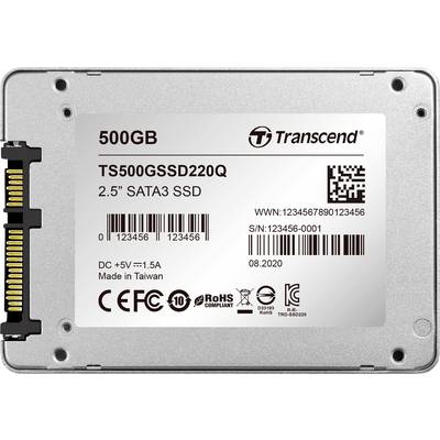 Transcend 2,5 Zoll SATA3 SSD mit 500 GB Kapazität. Modellnummer: TS500GSSD220Q. Unterstützt DC +5V und entspricht RoHS-Richtlinien.
