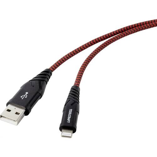 Thumbnail - TOOLCRAFT USB-Kabel USB 2.0 USB-A Stecker, Apple Lightning Stecker 1.00 m Schwarz-Rot Extrem robuste Geflechtschirmung T...
