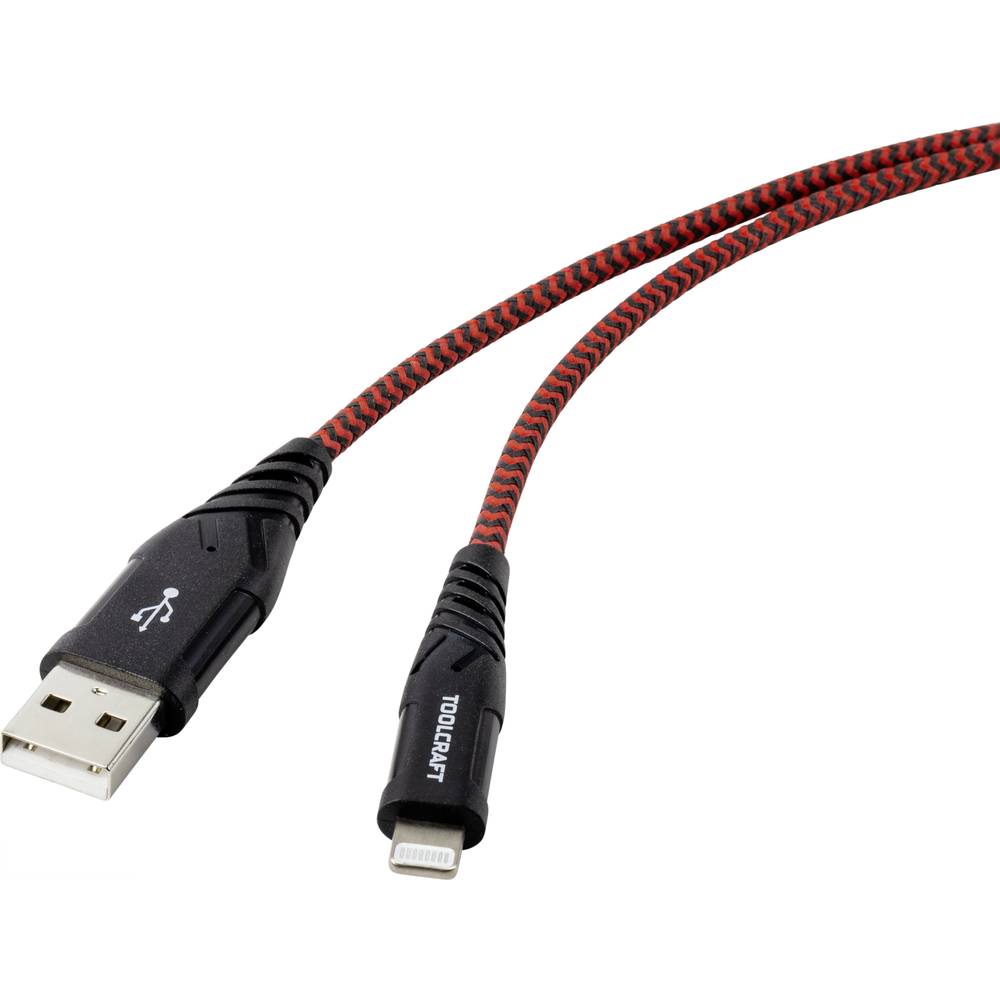 TOOLCRAFT USB-kabel USB 2.0 USB-A stekker, Apple Lightning stekker 1.00 m Zwart-rood Extreem robuust