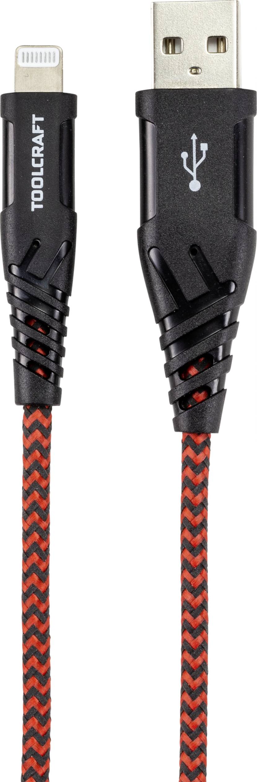 'Ladekabel mit USB-Anschluss und Lightning-Stecker. Schwarzes Design mit rotem Muster. Geeignet zum Verbinden von Geräten mit Stromversorgung.'