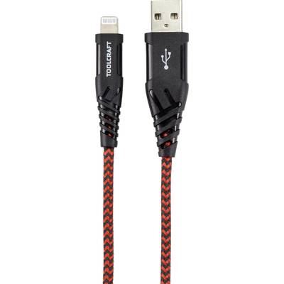 'Ladekabel mit USB-Anschluss und Lightning-Stecker. Schwarzes Design mit rotem Muster. Geeignet zum Verbinden von Geräten mit Stromversorgung.'