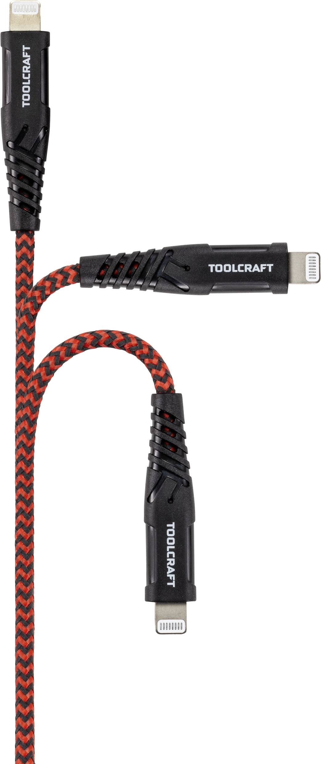 'Ladekabel mit zwei Anschlüssen, schwarz-rot geflochten. Marke: Toolcraft. Geeignet für Geräte mit Lightning-Anschluss.'