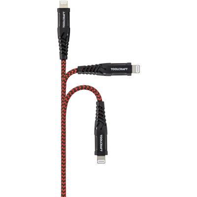 'Ladekabel mit zwei Anschlüssen, schwarz-rot geflochten. Marke: Toolcraft. Geeignet für Geräte mit Lightning-Anschluss.'