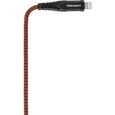 Geflochtenes Ladekabel in Schwarz und Rot mit silbernem Anschluss, Marke 'TOOLCRAFT' auf dem Stecker.