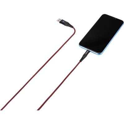 Ein Smartphone, das über ein rotes geflochtenes USB-Kabel aufgeladen wird. Das Kabel ist an das Telefon angeschlossen.