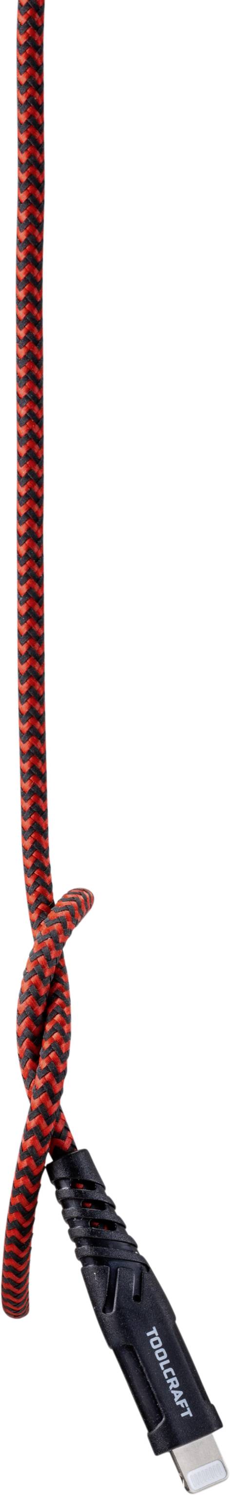 Ein geflochtenes, rot-schwarzes Kabel mit einem Knoten, das ein HDMI-Stecker-Ende zeigt; Fokus auf das Kabeldesign und den Stecker.