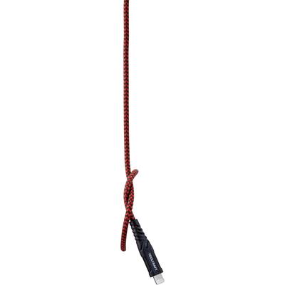 Ein geflochtenes, rot-schwarzes Kabel mit einem Knoten, das ein HDMI-Stecker-Ende zeigt; Fokus auf das Kabeldesign und den Stecker.