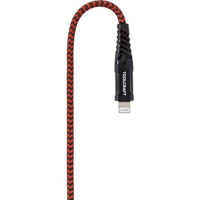 Ein rot-schwarz gemustertes USB-Kabel mit einem schwarzen Anschluss und der Aufschrift 'TOOLCRAFT' am Stecker.