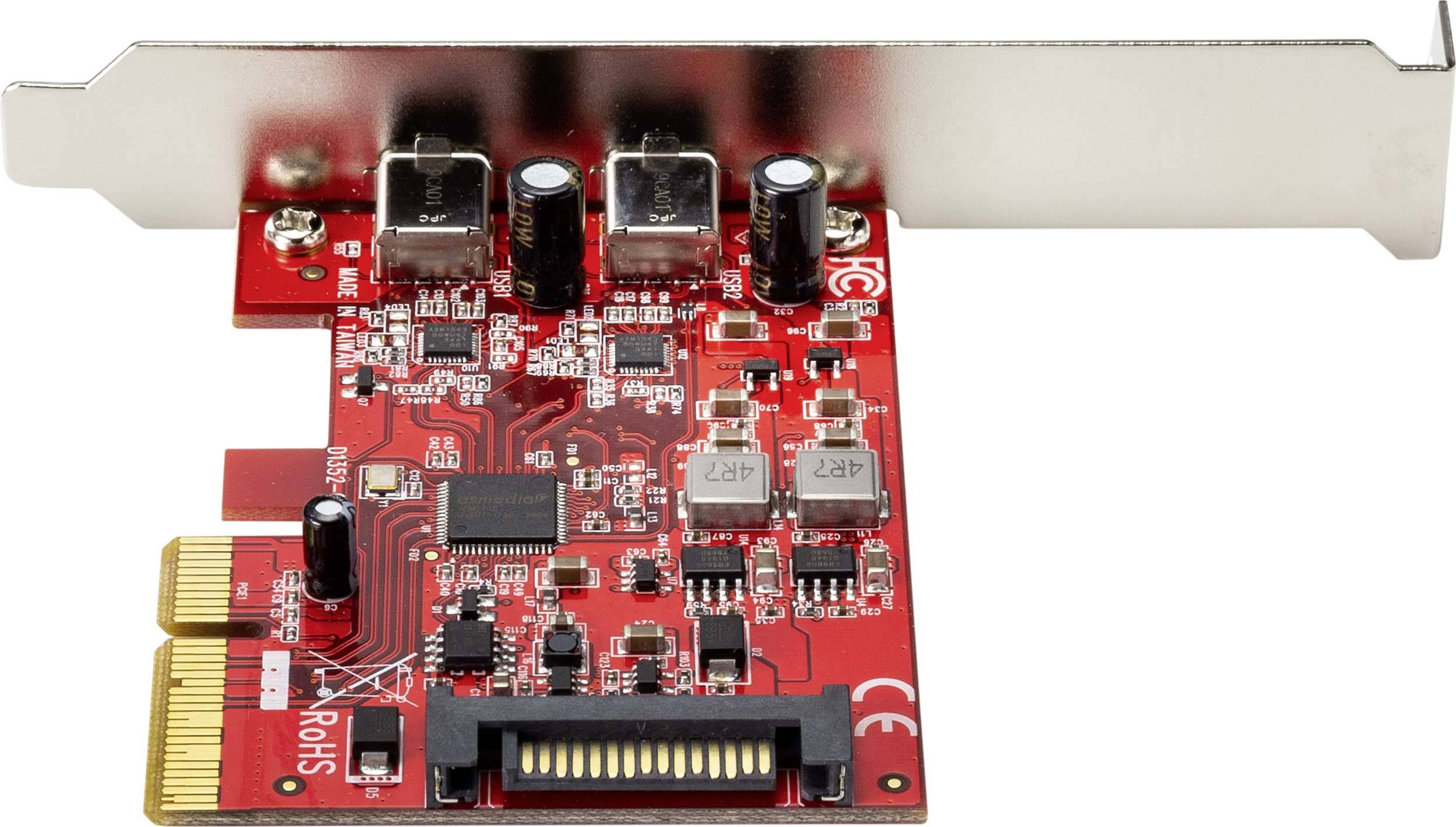 Eine rote PCIe-Erweiterungskarte mit verschiedenen elektronischen Komponenten, Anschlüssen und einem SATA-Anschluss unten.