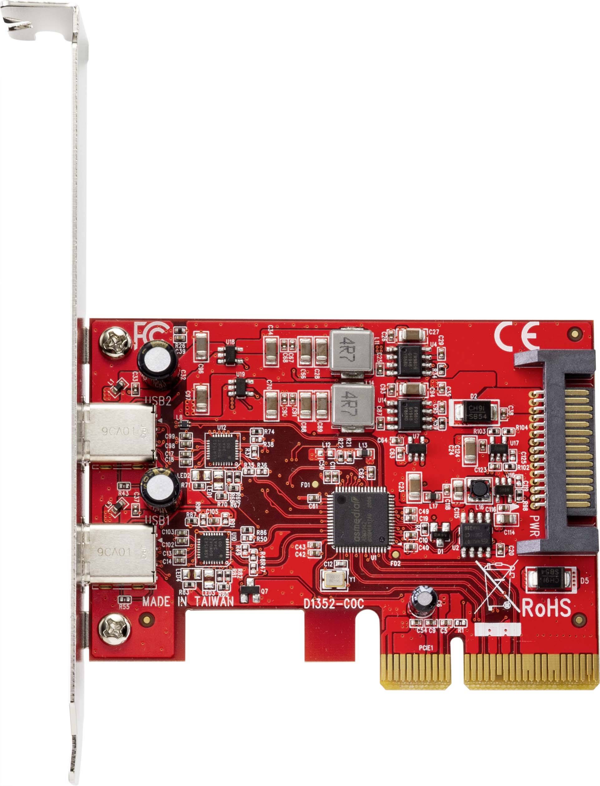 Eine rote PCIe-Erweiterungskarte mit zwei USB-Anschlüssen und elektronischen Bauteilen, Markierungen 'RoHS' und 'Made in Taiwan'.
