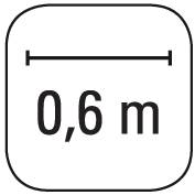 Weißes Symbol auf schwarzem Hintergrund zeigt '0,6 m' mit einem horizontalen Pfeil darüber, der den Abstand anzeigt.