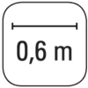 Weißes Symbol auf schwarzem Hintergrund zeigt '0,6 m' mit einem horizontalen Pfeil darüber, der den Abstand anzeigt.