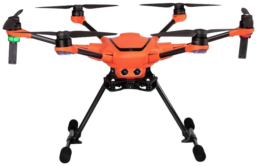 Quadrocopter mit orangefarbenem Gehäuse und schwarzen Propellern.