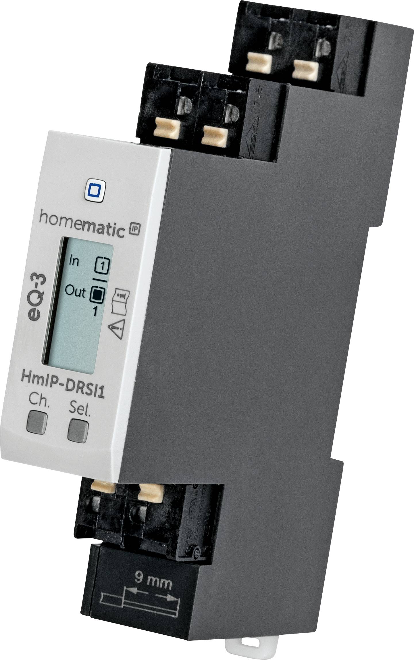 Smart-Home-Schaltaktor in schwarzer und silberner Ausführung mit LCD-Display und mehreren Anschlüssen.