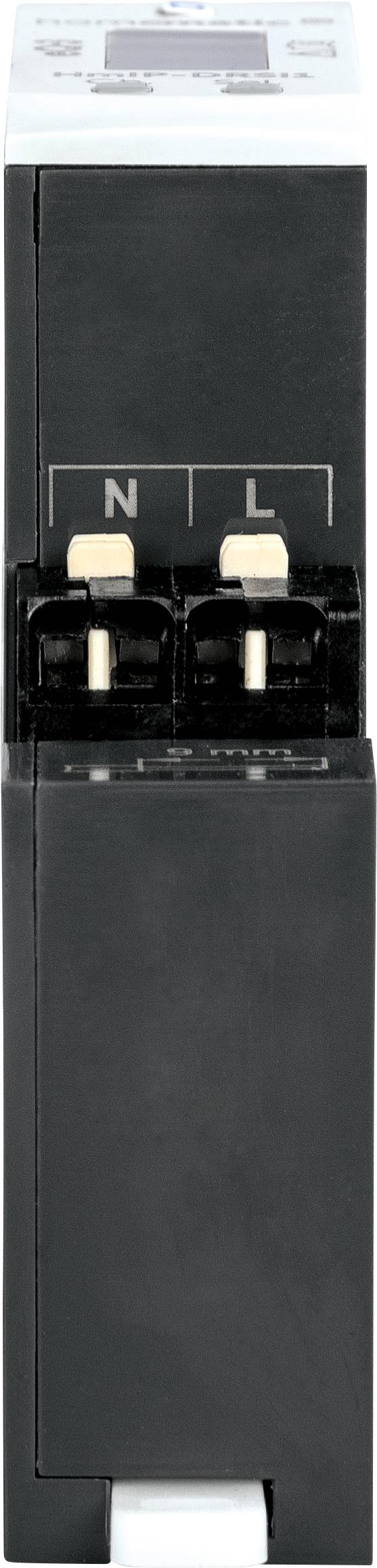 Ein schwarzes elektrisches Gerät mit zwei Anschlüssen für 'N' (Neutral) und 'L' (Live).