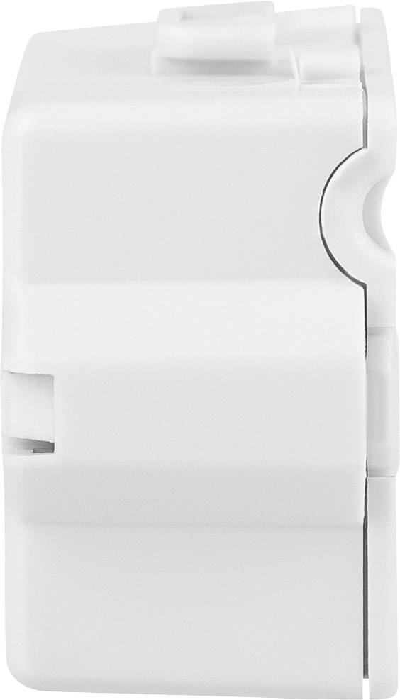 Ein weißer, rechteckiger Kunststoffschalter aus seitlicher Ansicht, mit abgerundeten Kanten und mehreren verhakten Teilen.