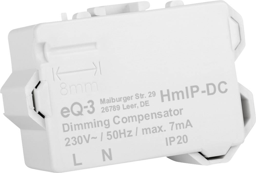 Ein weißer Dimmer-Komparator von eQ-3, Modell HmIP-DC, geeignet für 230V/50Hz, max. 7mA, Schutzart IP20. Anschlüsse L und N.