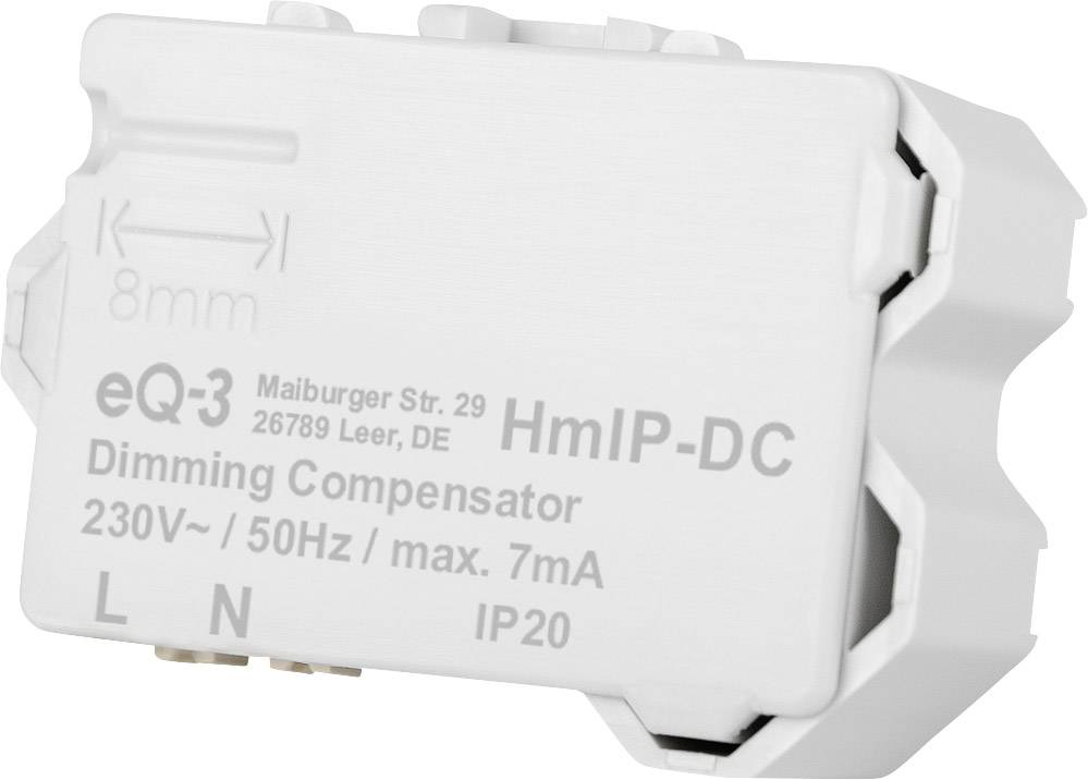 Ein weißer Dimmungskompensator mit Aufschrift: 'eQ-3 HmIP-DC, 230V~/50Hz/max. 7mA, IP20'. Geeignet für 8mm Anschluss.