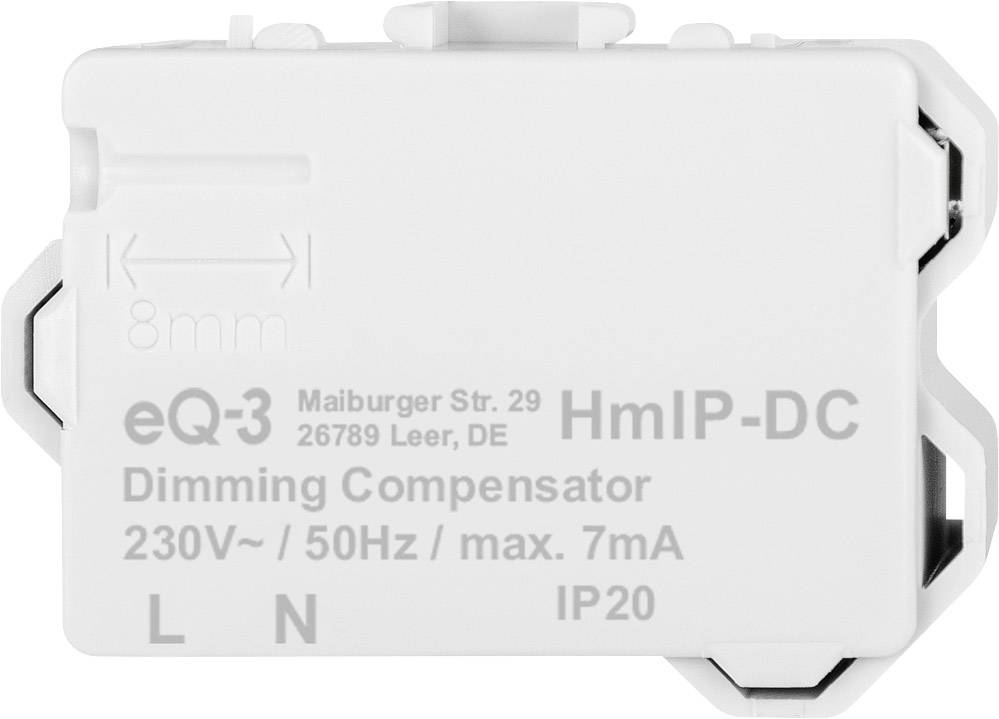 'Dimm-Kompensator HmIP-DC, 230V~/50Hz, max. 7mA, Schutzklasse IP20, Hersteller: eQ-3, Adresse: Maiburger Str. 29, 26789 Leer, DE.'