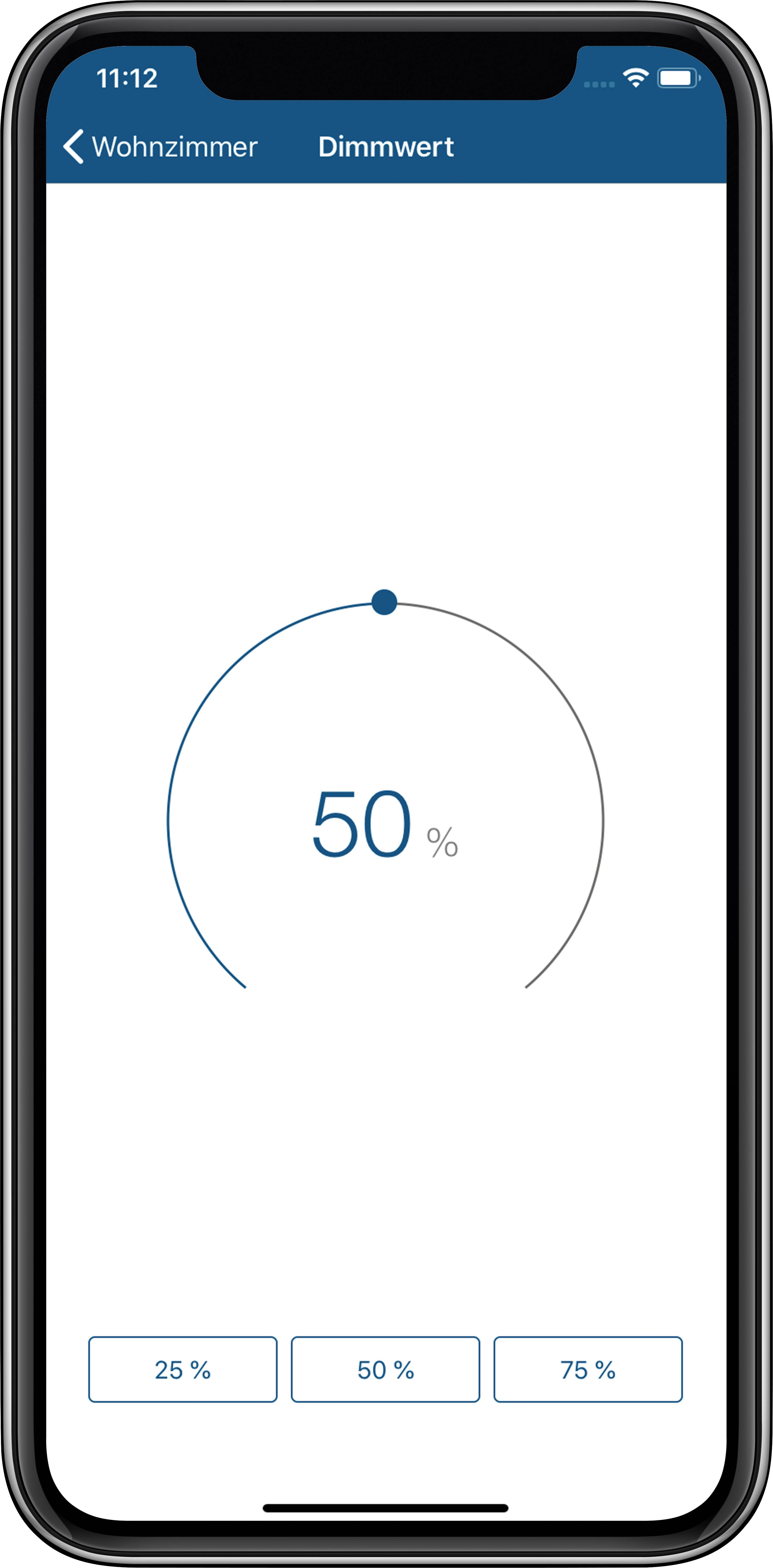 'Dimmwert-Einstellungsbildschirm einer App, zeigt 50% Helligkeit im Wohnzimmer. Optionen für 25%, 50%, 75% darunter.'