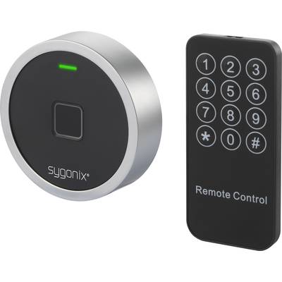 Ein schwarzer runder Door Lock mit LED-Anzeige neben einer schwarzen Fernbedienung mit nummerierten Tasten.