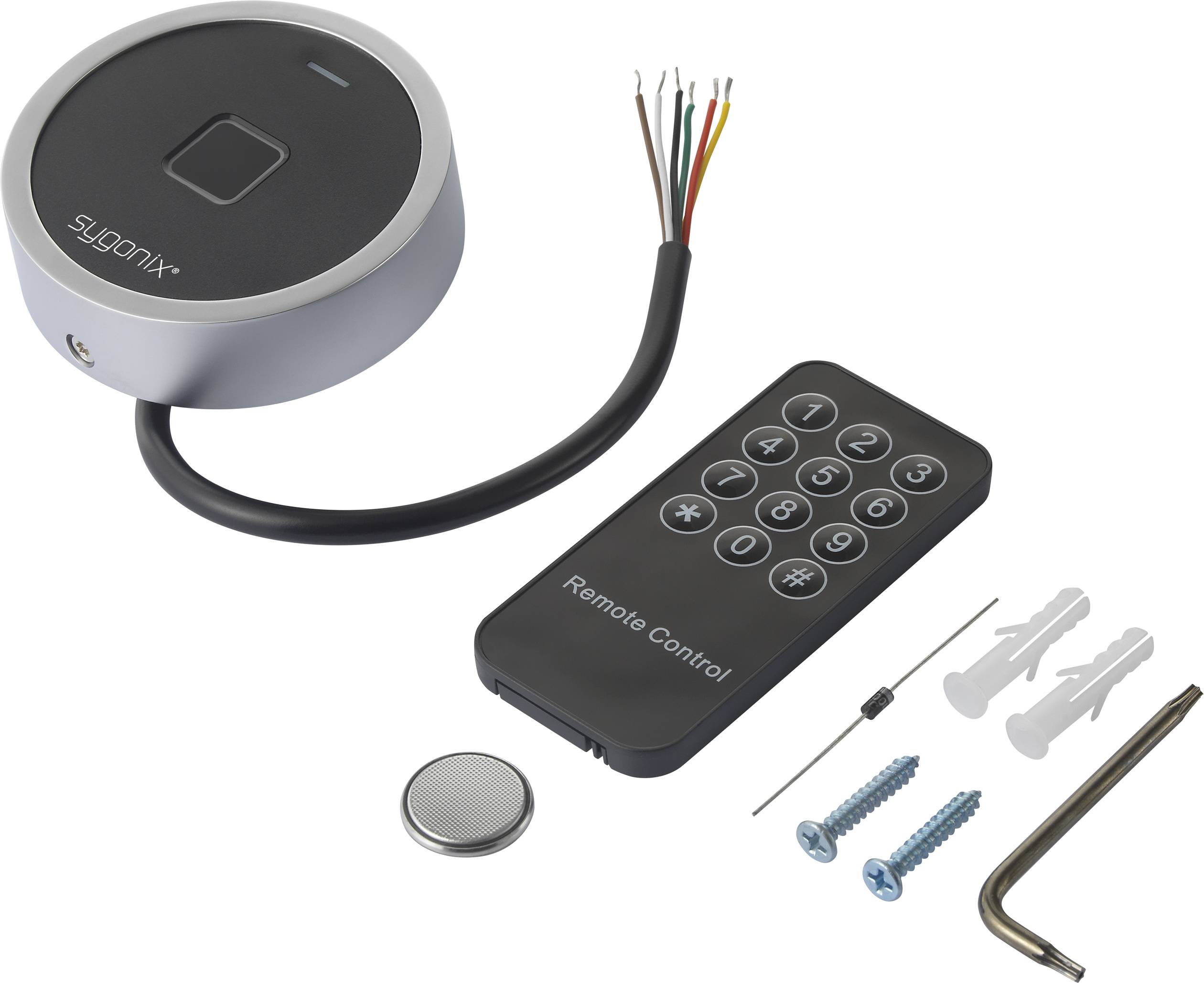 Elektronisches Türschloss-Zubehörkit mit runder Steuereinheit, Fernbedienung, Batterie, Schrauben, Dübeln und Inbusschlüssel.