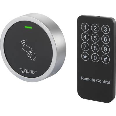 Elektronisches Türschloss mit rundem Lesegerät und rechteckiger Fernbedienung. Lesegerät zeigt NFC-Symbol, Fernbedienung hat Tastatur.