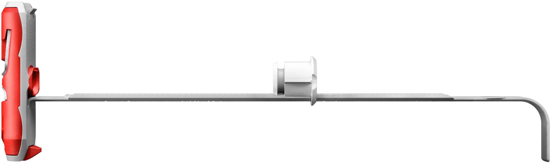 Ein Werkzeug mit rotem Griff und einer langen, flachen Metallklinge, ausgestattet mit einem verstellbaren weißen Verriegelungsmechanismus in der Mitte.